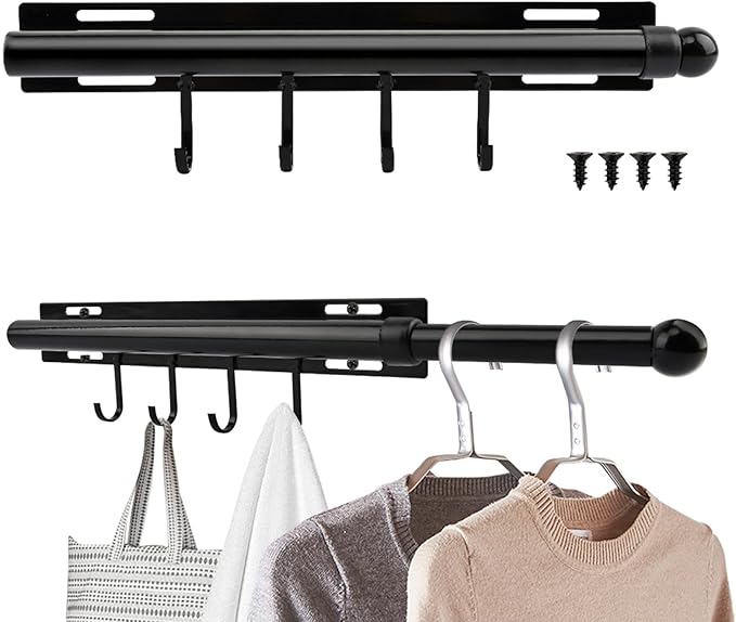 12 Inch Valet Rod for Closet Pull Out, Retractable Slide Out Clothes Hanger with 4 Hooks, Closet Rods for Hanging Clothes Laundry Room, Bedroom, Bathroom(COLOR:Black)