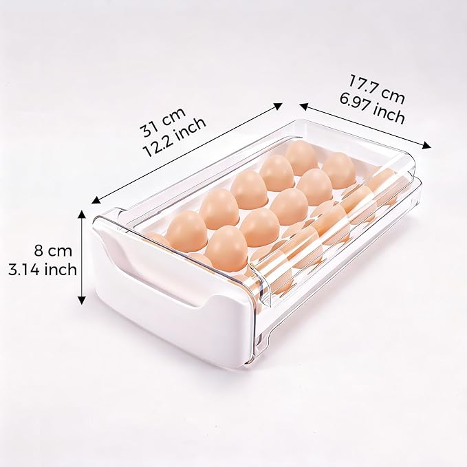 Egg-Holder for Fridge, 18-Count Egg-Storage for Refrigerator Countertop, 1 Tier Dispenser with Drawer, Stackable Clear Egg Tray Container, Egg Organizer, Fits Large Eggs, White
