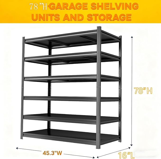 6 Tier Garage Shelving 46" W Storage Shelves Organizer 78" H Heavy Duty Garage Storage Shelves Large Utility Shelf for Commercial, Basement, Industrial, Pantry, Kitchen, Black