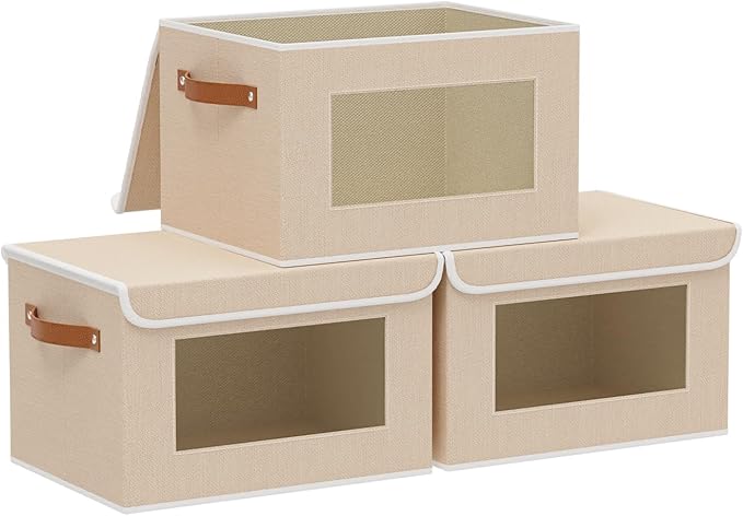 Foldable Storage Boxes with Lids, Linen Closet Organizers,10.2 x 7.8 x 6.7 Inch Storage Bins for Shelves with Handles, Beige, 3-Pack