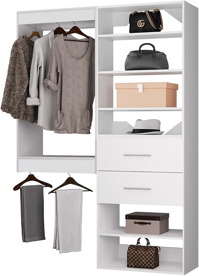 ROOMTEC Modular Closet System, 58" Wall Mounted Closet Organizer with Hanging Rods and Drawers, Wooden Tower for Walk-In Closets, Wardrobe Storage Kit, White