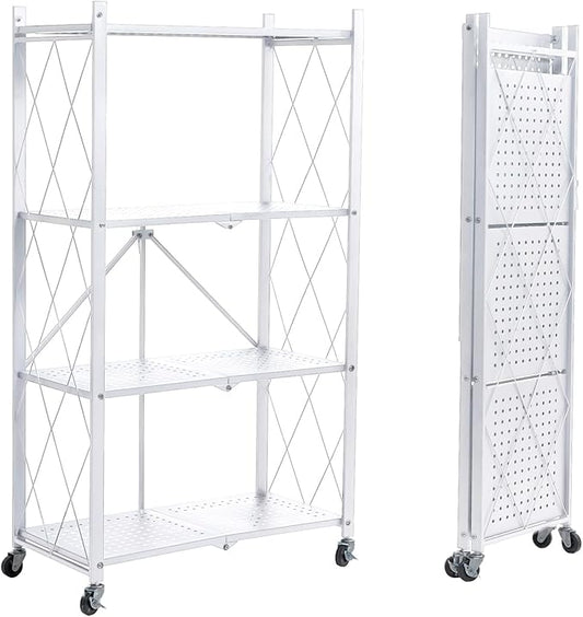 BRIAN & DANY 4-Tier Foldable Storage Shelves with Wheels, Folding Metal Rack Shelving Unit, Heavy Duty No Assembly Organizer Shelf for Garage, Kitchen, Pantry, White