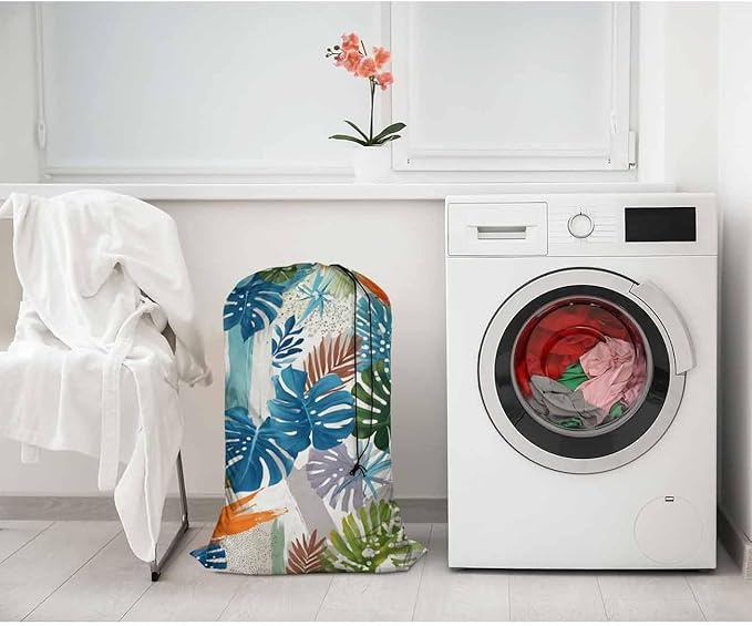 Swono Tropical Leaf Large Laundry Collapsible Laundry Bag Summer Exotic Brush Strokes Foldable Laundry Hamper Bag, Machine Washable, Oxford Cloth, Colorful