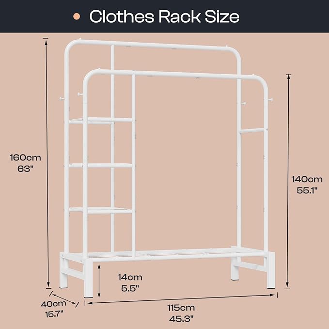 Clothes Rack for Hanging Clothes, Double Rods Clothing Rack with 3 Tier Storage Shelves, Multifunctional Heavy Duty Clothes Rack with Hooks for Bedroom, Laundry, Wardrobe Closet, White