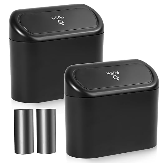 NBTEPEM Car Trash Can with Lid - 2 Pack, Mini Auto Garbage Can with 60 Trash Bags, Leakproof Automotive Garbage Container Bin, Multipurpose Organizers and Storage for Car, Home, Office (Black)