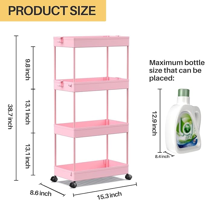 SPACELEAD 4 Tier Rolling Cart with Wheels, Storage Craft Art Trolley Organizer Serving, 3 Hanging Baskets Easy Assembly, for Office, Living Room, Kitchen