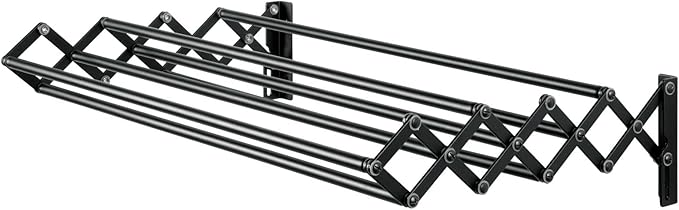 mDesign Steel Wall Mount Accordion Expandable Retractable Clothes Air Drying Rack - 8 Bars for Hanging Garments - Mounted Organizer for Laundry/Utility Room, Bathroom, Garage, Bardo Collection, Black