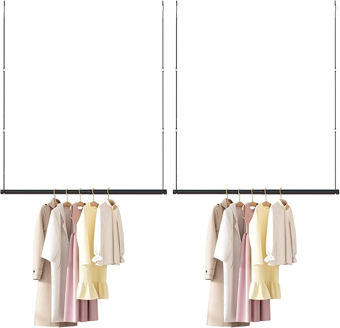 STO STO 2 Pack Closet Hanging Rod, Length and Height Adjustable Closet Rod, Space Saving Metal Closet Extender Hanging Bar for Hanging Clothes, Closet, Black