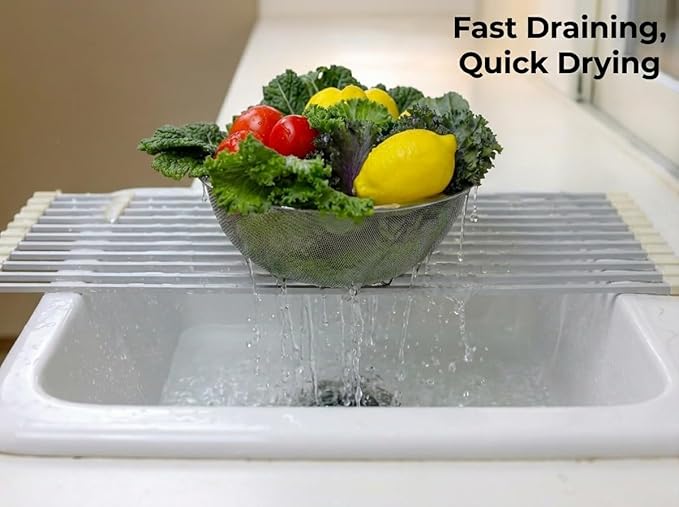 Medium Aluminum Roll Up Dish Drying Rack (17" x 13") - Fits Sinks up to 16 Inches, Heavy Duty Square Bar, Rust-Proof & Heat Resistant with Removable Dish Holder (Beige Medium)