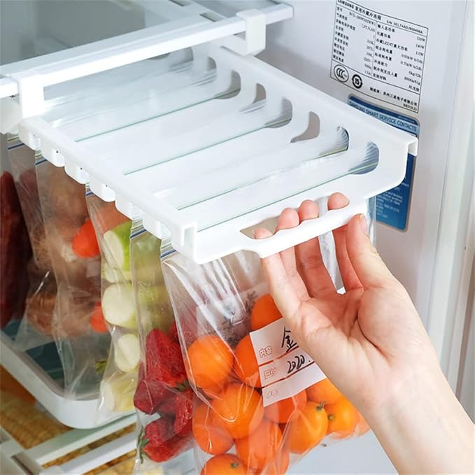 Smart Design Hanging Zip Bag Pull Out Refrigerator Drawer - BPA Free Plastic - 10 resealable bags for freezer refrigerator telescopic rack hanger sliding tray, meal planner for food/fruits/veggies