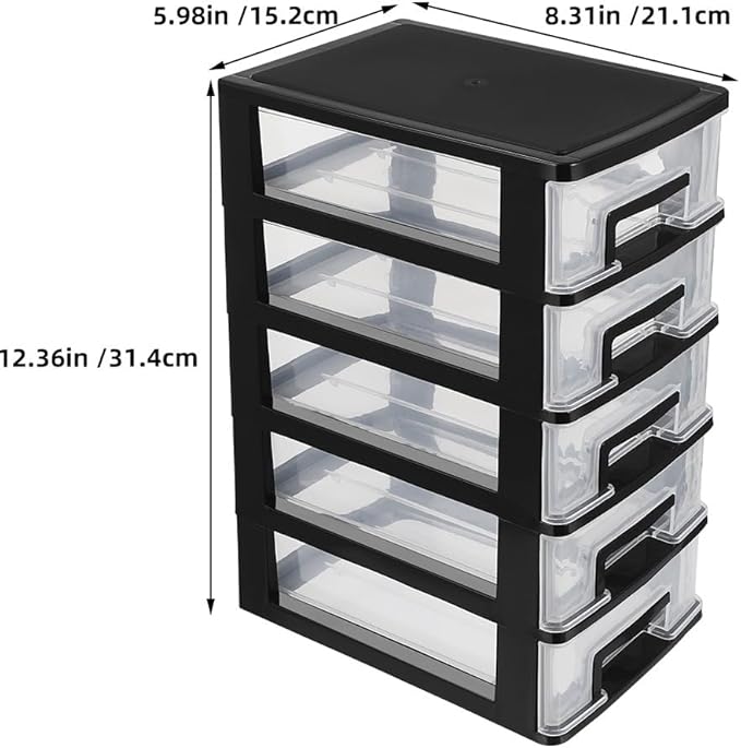 Multifunctional Five-Layer Plastic Storage Cabinet with Transparent Drawers - Space-Saving Organizer for Office, Closet, and Home, 12.36 Inches, Black