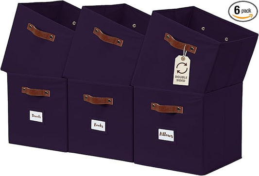 DECOMOMO Storage Bins, Cube Storage Bin with Labels, Fabric Storage Cubes for Shelves (10.5" x 11" / 6pcs, Deep Violet)