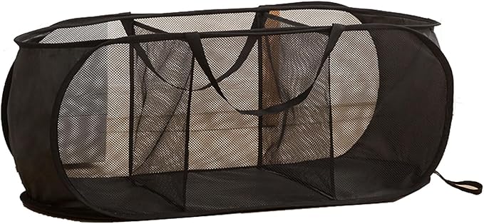 Mesh Laundry Hamper Basket, Sturdy 3 Compartments Laundry Basket, Foldable Pop up Laundry Hamper with Side Pocket for Laundry Room, Bathroom, Kids Room, College Dorm or Travel, Black