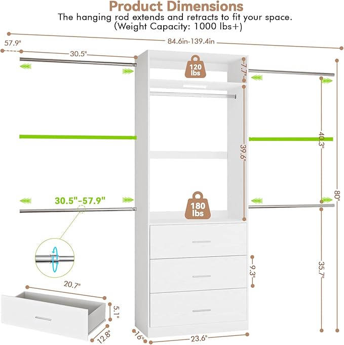 Wooden Closet System With LED Light 11FT Closet Organizer with 3 Wooden Drawers Walk-in Closet Organizer System with Tower and 4 Extendable Hanging Rods White