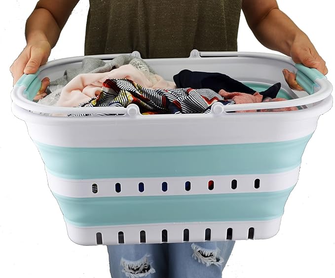 SAMMART Collapsible Laundry Basket with Handles 29L (7.6 Gallon) - Portable Outdoor Picnic Hamper/Crate - Foldable Space Saving Storage Container for Laundry, Camping & Home (White/Lake Green, 1)
