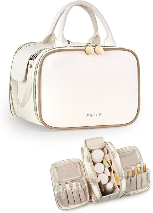 Prite Makeup Bag for Women, Large Capacity Waterproof Travel Cosmetic Organizer, Portable Open Flat Toiletry Bag with Free-standing Brush Holder and Handle(Beige Medium)
