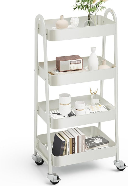 OLIXIS Metal 4 Tiers Utility Rolling Cart, Mobile Storage Shelf with Lockable Caster Wheels, Organization for Livingroom, Bathroom & Narrow Places, 4-Tier White