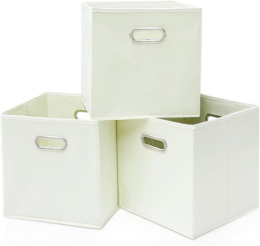 Black Fabric Cubby Storage Bins,13x13x13 Inches ,Cube Organizer Bin Foldable Storage Boxes with Dual Handles Fabric Organizer Box and collapsible Storage basket,Set of 3,Creamy-White