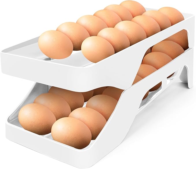 Egg Holder for Fridge Automatic Rolling Egg Dispenser for Refrigerator Kitchen Countertop - Space-saving Egg Roller/Organizer/Storage/Container/Tray for Fridge Double Track