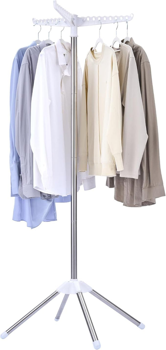 CASAMAYA Clothes Drying Rack Foldable, 59 inch Tripod Laundry Drying Rack Indoor with Rotating Clothes Rail for 27 Pieces of Clothes, Space Saving, Stainless Steel, White and Silver CDR001W01