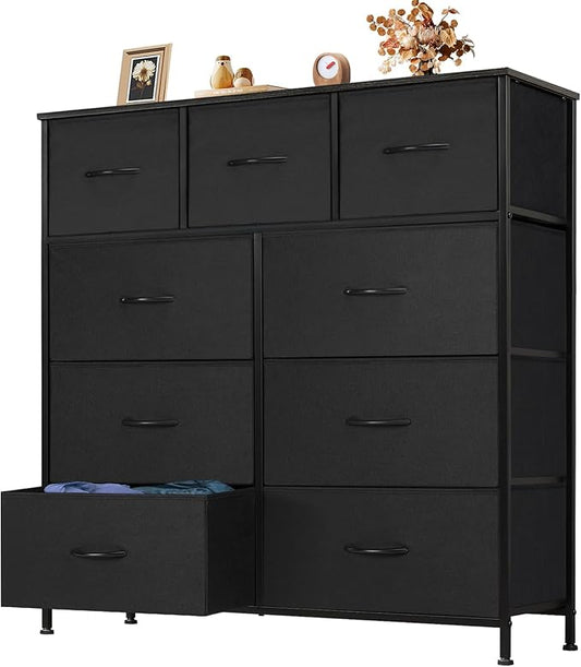 OLIXIS 9 Drawer Storage Dresser with Wood Top - Wide Fabric Chest Organizer for Bedroom, Closet, Living Room,Tower Cabinet, TV Stand, Hallway Entryway Furniture,Carbon Black