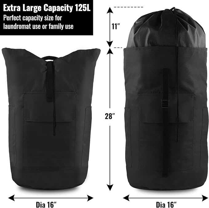 Laundry Backpack Bag 125L Extra Large, Heavy Duty for College Dorm & Apartment, Durable Thick Material Laundry Hamper with Padded Straps for Easy Carry, 3 Pockets for Travel & Laundromat (Black)