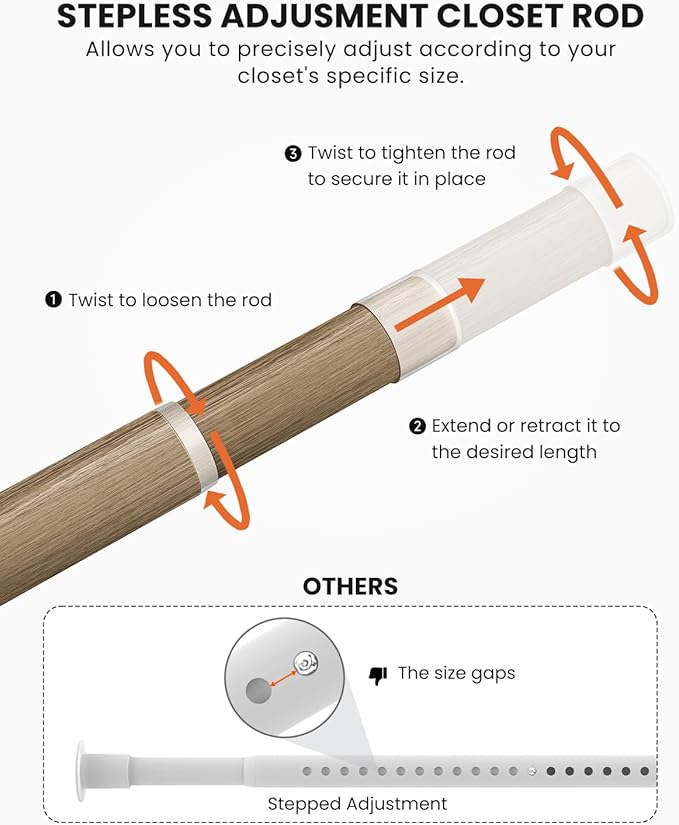 Supforce Closet Rods for Hanging Clothes, 17 to 69 Inches Stepless Adjustable Metal Closet Rod, 1.3 Inches Heavy Duty Clothes Hanging Rod for Closet Wardrobes Laundry RV(Wood Grain)
