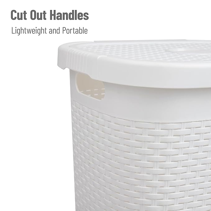 Mind Reader Slim Laundry Hamper with Lid, 50L Clothes Basket, Premium Wicker Design, Plastic, White
