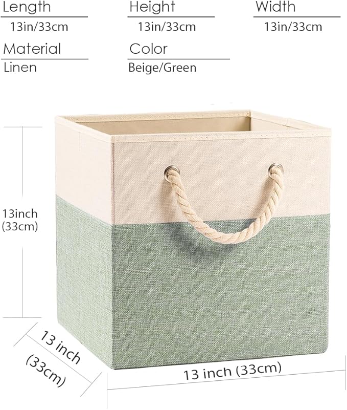 PRANDOM Large Foldable Cube Storage Bins 13x13 inch [2-Pack] Fabric Linen Storage Baskets Cubes Drawer with Cotton Handles Organizer for Shelves Nursery Closet Bedroom Beige/Green