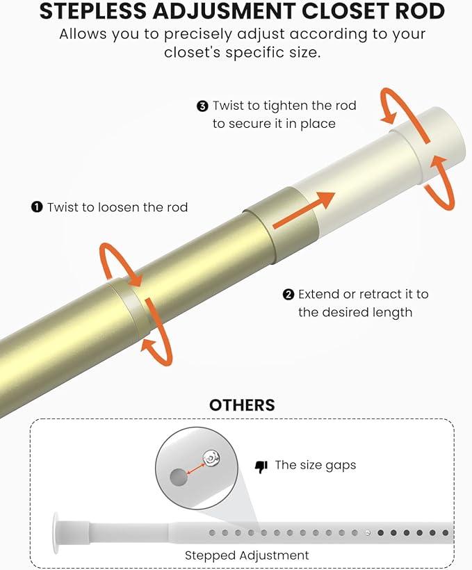 Supforce Closet Rods for Hanging Clothes, 17 to 99 Inches Stepless Adjustable Metal Closet Rod, 1.3 Inches Heavy Duty Clothes Hanging Rod for Closet Wardrobes Laundry RV, Verdant Gold