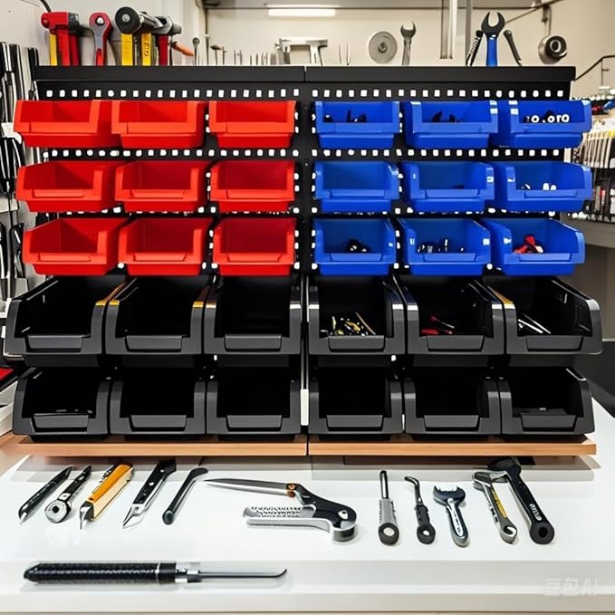 Wall Mounted Storage Bins, Nut and Bolt Organizer, Plastic Bolt Bin, Screw Organizer, Storage Bins for Garage (RED+BLUE+BLACK, SMALL(30PCS))