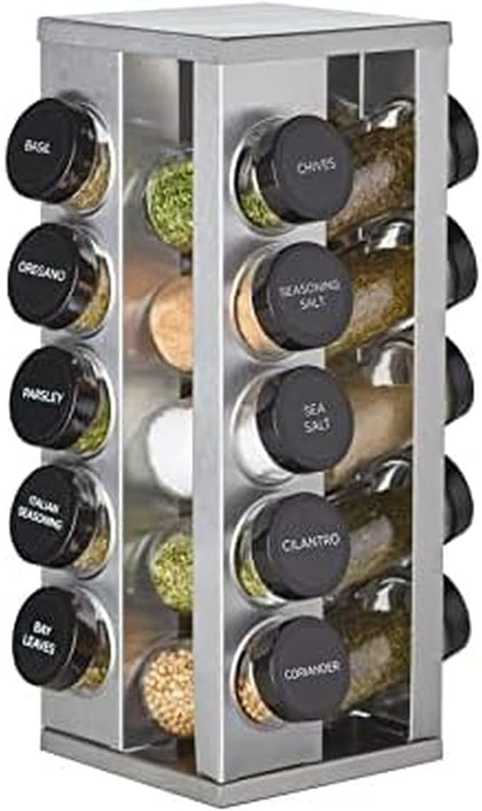 Kamenstein 20 Jar Heritage Revolving Spice Rack with Spices Included, Brushed Stainless Steel Rotating Countertop Organizer with Free Refills for 5 Years