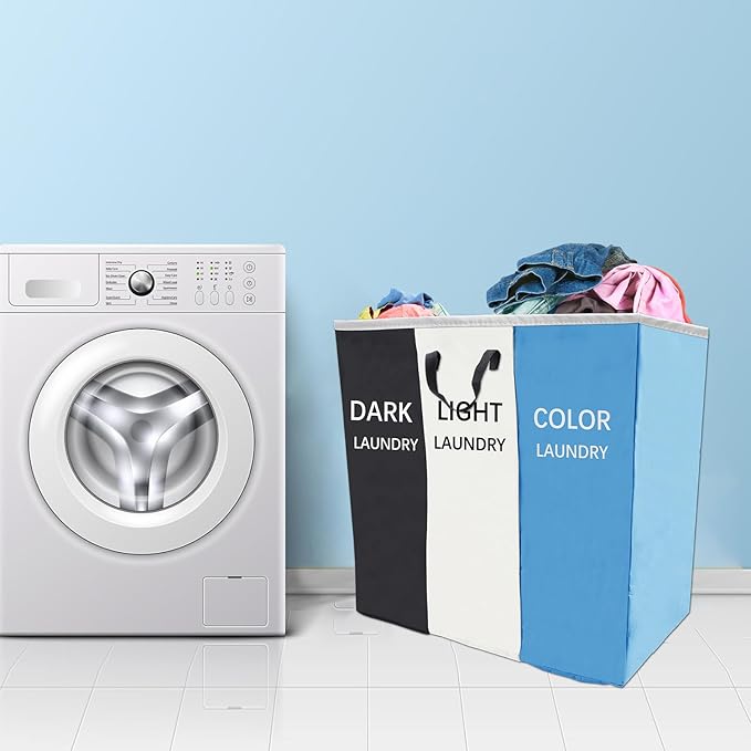 168L Laundry Hamper, Large Blanket Storage Basket Sorter 3 Section Bag Organizer for Dirty Clothes - Toys - Towel,15 X 23 X 28 inch Heavy Duty Laundry Cart Baskets (Black white blue bag)