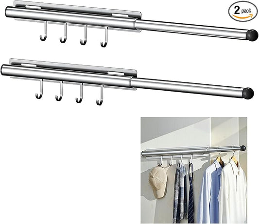 Lewondr Valet Rod for Closet Pull Out, 12" Adjustable Heavy Duty Extending Closet Rod, Valet Clothing Hanger Rods Extender for Wardrobe, Laundry Room, Bedroom, Bathroom, Silver, 2 Pack