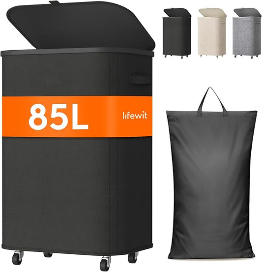 Lifewit 85L Plastic Laundry Basket with Lid, Large Clothes Hamper with Wheels and Removable Bag, Tall Collapsible Rolling Storage Bin for Dorm Bedroom Bathroom, Black