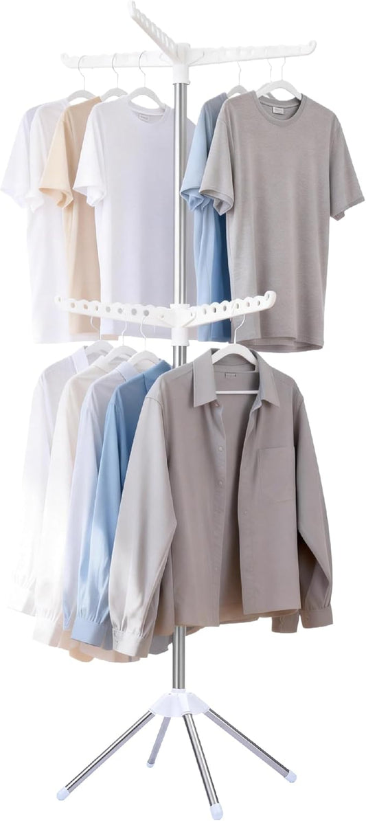 Beaudaily Clothes Drying Rack, Foldable 74.8-Inch Laundry Drying Rack, Indoor 2 Tier Drying Rack Clothing with Rotatable Arms, Stainless Steel, Holds 54 Pieces, Space Saving, White and Silver