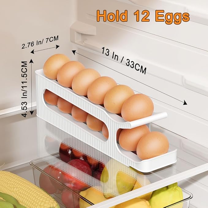 Sotfamily Egg Holder for Fridge, 2 Tiers Auto Rolling Egg Storage Organizer for Refrigerator, Slim Space Saving Container, Dispenser - Egg Roller for Eggs 12 Count