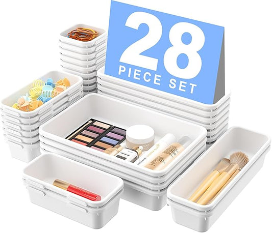 A-LuGei 【𝟮𝟴𝗣𝗖𝗦】 【𝟱𝗦𝗶𝘇𝗲】 White Drawer Organizer, Makeup organizer, 【Holds 177 Items】 Bathroom Organizers and Storage, Plastic Desk Organizer Divider, Organizer Bins for Office Vanity