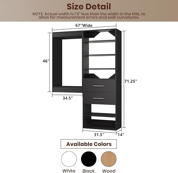 ROOMTEC Modular Closet System, 67" Wall Mounted Closet Organizer with Hanging Rods and Drawers, Wooden Tower for Walk-In Closets, Wardrobe Storage Kit, Black