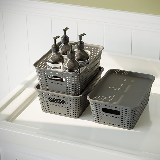 Resze 6-Pack Plastic Storage Bins with Lids, Stackable Organizer Baskets & Containers for Pantry, Kitchen, Cabinet, Closet, Bathroom Organization Toys, Space Saving, Easy-Carry Handles,Gray