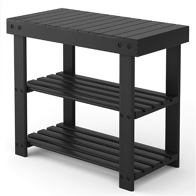 Sweetcrispy Shoe Rack Bench, 3-Tier Bamboo Entryway Storage Organizer, 286lb Capacity, Shoes Stand for FrontDoor Entrance, Bedroom, Living Room, Bathroom, Balcony, 19 Inches Length, Black
