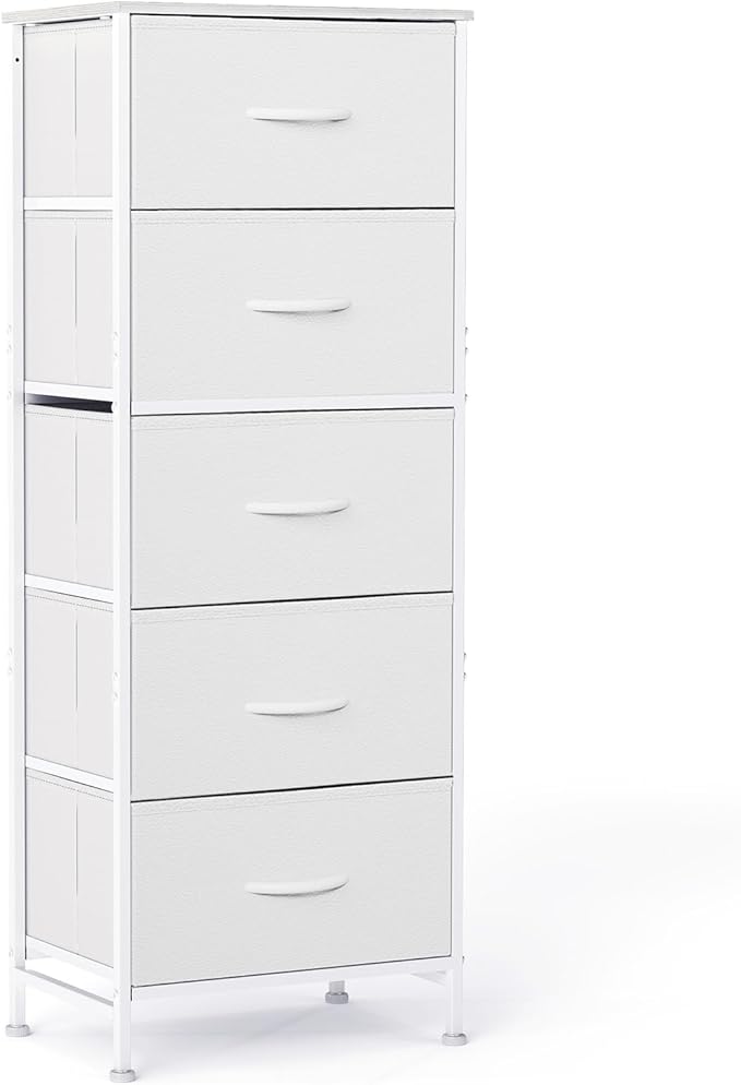 DUMOS Nightstand with 5 Drawers Bedside Table with Removable Fabric Bins Sturdy Steel Frame Wood Top Organizer Furniture for Bedroom Nursery Closet Living Room, White