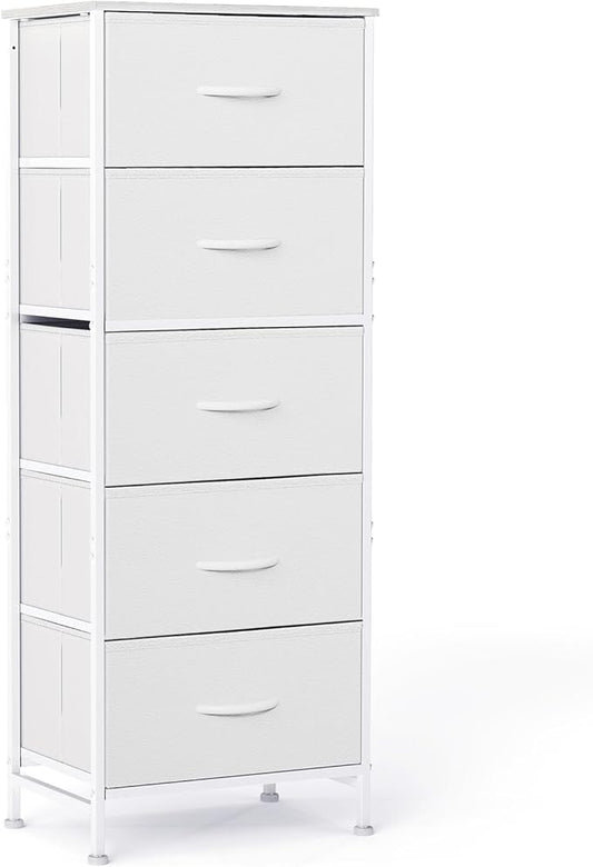 DUMOS Nightstand with 5 Drawers Bedside Table with Removable Fabric Bins Sturdy Steel Frame Wood Top Organizer Furniture for Bedroom Nursery Closet Living Room, White