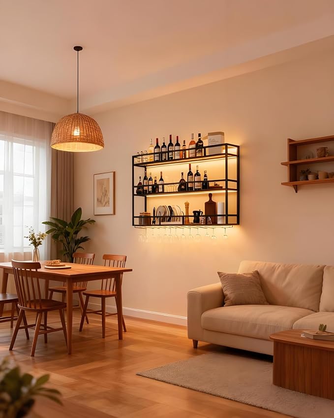 59" Large Wine Rack Wall Mounted with Bottle Glass Holder, 3-Tiers Metal Bar Shelves for Liquor Bottles with LED Light, Wall Wine Rack for Home, Restaurant, Commercial Bar, Kitchen Storage Display