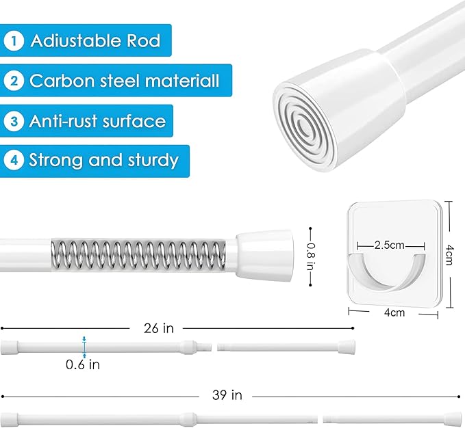 MEXAU 1Pcs Spring Tension Curtain Rod 26-39 inch Spring Tension Rods White Tension Rods Adjustable Spring Rod Extendable Tension Rod For Kitchen, Bathroom, Window, Bookshelf,Closet.