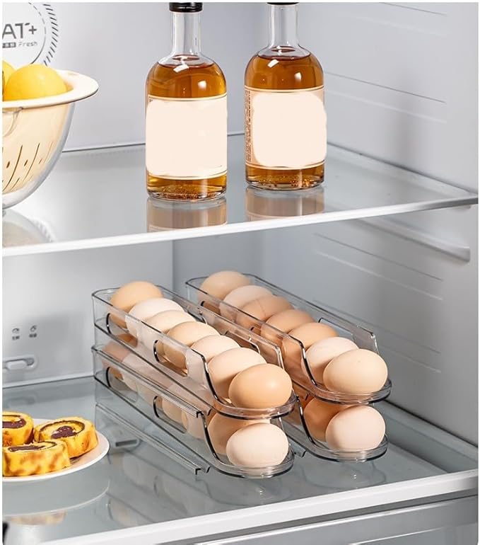Egg Holder for Fridge,Stackable 1-4 Tiers Container,Auto Rolling Fridge Organizer for Refrigerator,Space-Saving Dispenser Holder,Refrigerator Egg Rack Transparent (2 Packs)