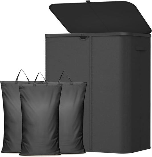 Lifewit 185L Large 3 Section Laundry Hamper with Lid, Plastic Laundry Basket with Bamboo Handles and Removable Bags, Tall Foldable Clothes Hamper for Bathroom Bedroom, Black