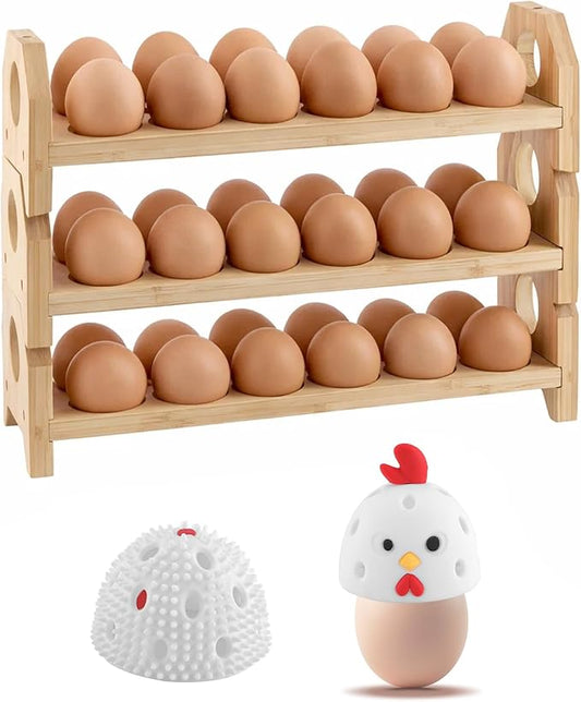 Bamboo Egg Holder Countertop with Silicone Egg Cleaner, 3-Tier Egg Holder for 36 Eggs, Stackable Design for Fresh Eggs, Farmhouse Egg Tray Storage Display Rack，Fits Quail, Duck, Chicken Eggs
