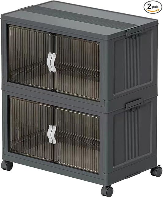 51QT Stackable Storage Bins with Lids & Wheels - Foldable Cabinet Clear Door Plastic Organizer Containers for Home, Garage, Pantry Organization - Collapsible Design Gray 2T