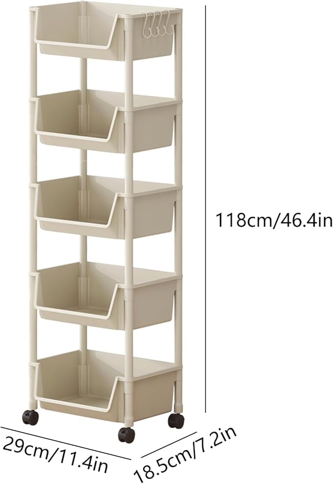 5-Tier Rolling Storage Cart - Multi-Level Metal Organizer with Wheels for Bedroom, Kitchen, Bathroom - Easy Assembly